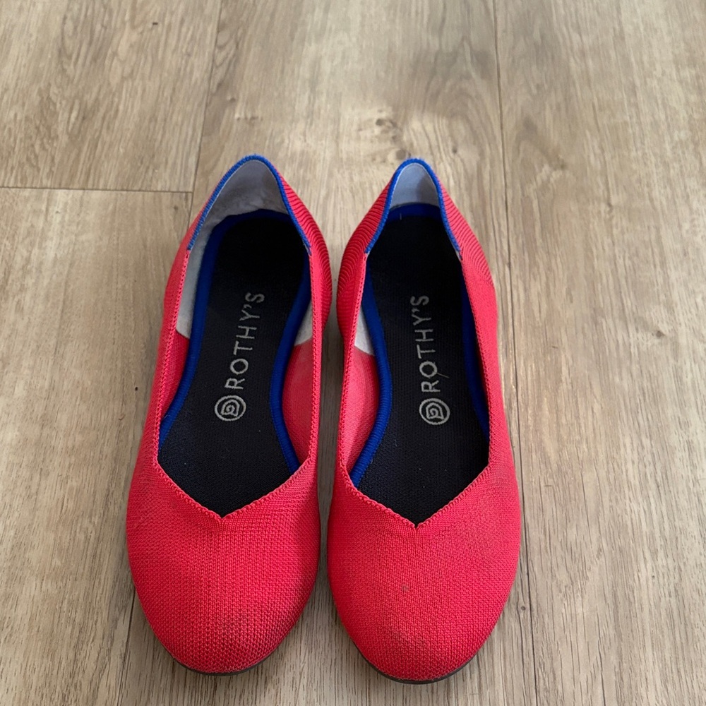 Rothy's Red Knit Flats with Blue Trim